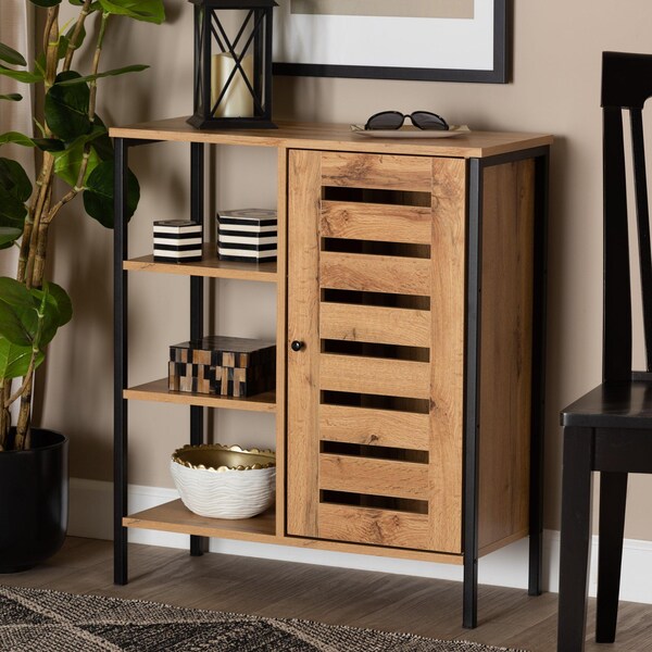 Baxton Studio Vander Contemporary Oak Brown Finished Wood and Black Metal 1-Door Shoe Storage Cabinet 189-11751-ZORO - main